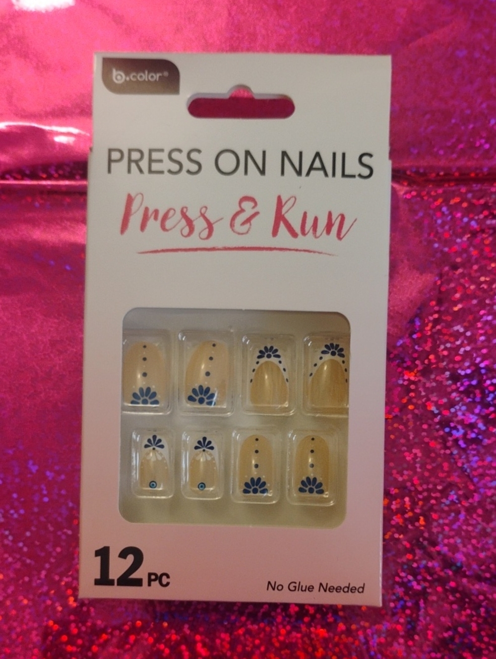 Nude Cream Press-On Nails with Blue Floral Detail
